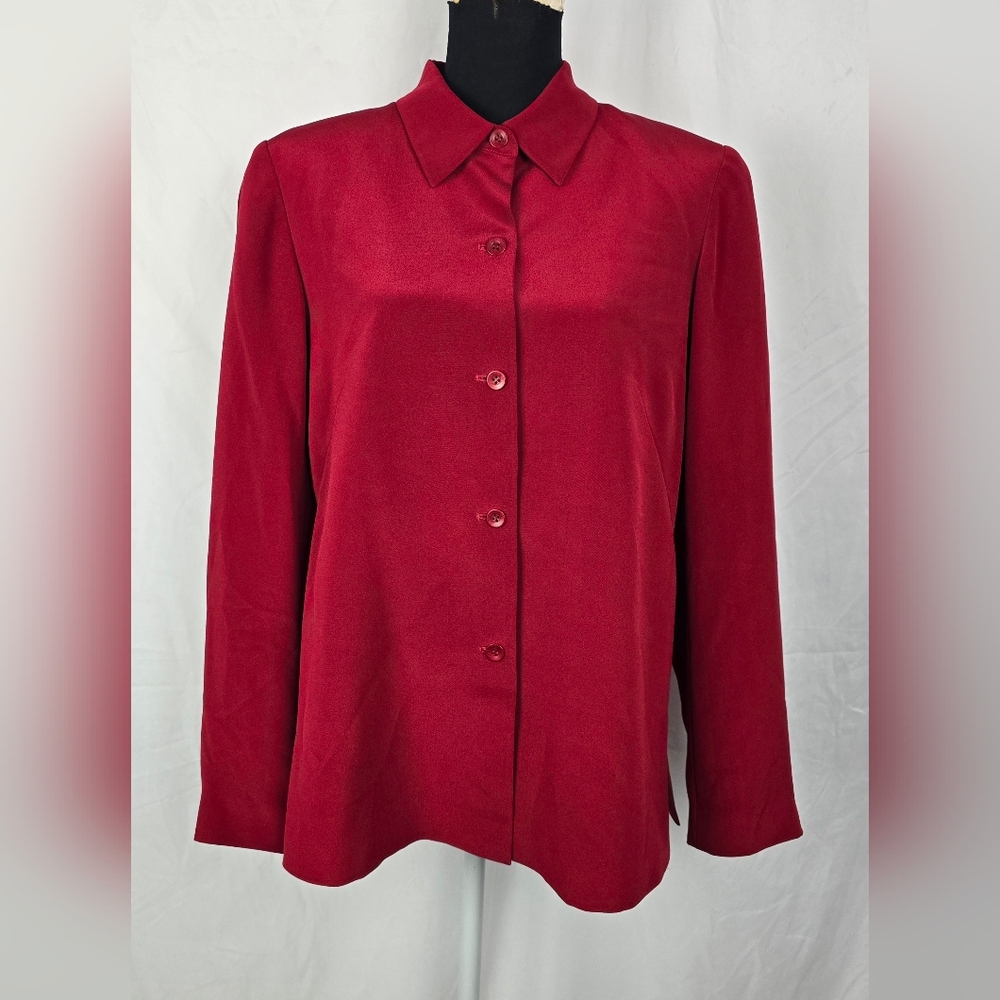 Two Two Silk Red Button-Up Boxy Career Holidays Business Casual Blouse sz 12
